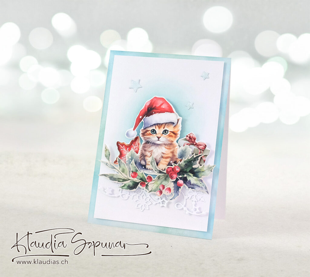 Schöne handgemachte Weihnachtskarte mit süssen Kätzchen