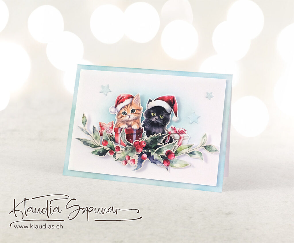 Schöne handgemachte Weihnachtskarte mit zwei süssen Kätzchen