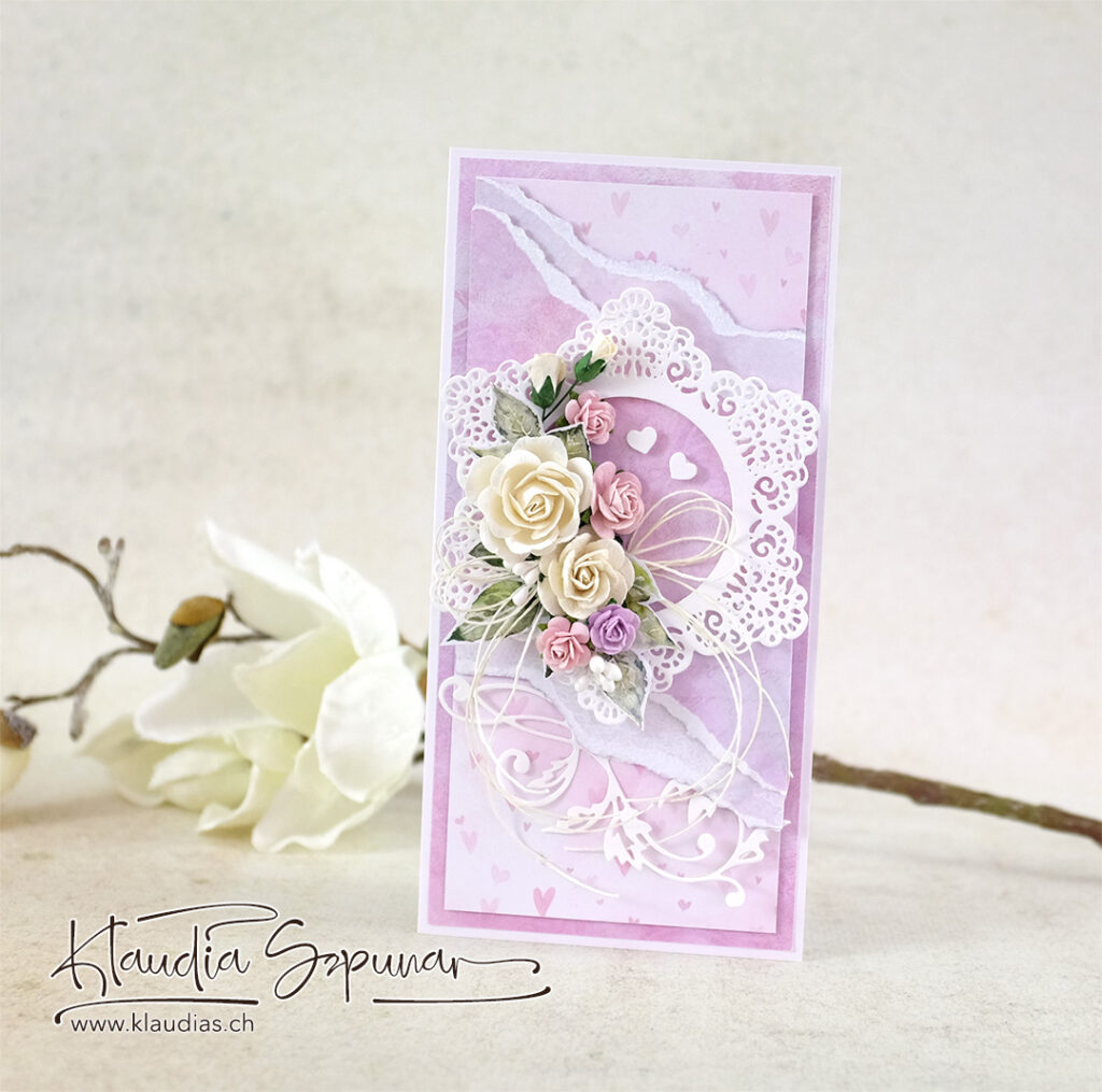 schöne Handgemachte pinke Hochzeitskarte mit Rosen