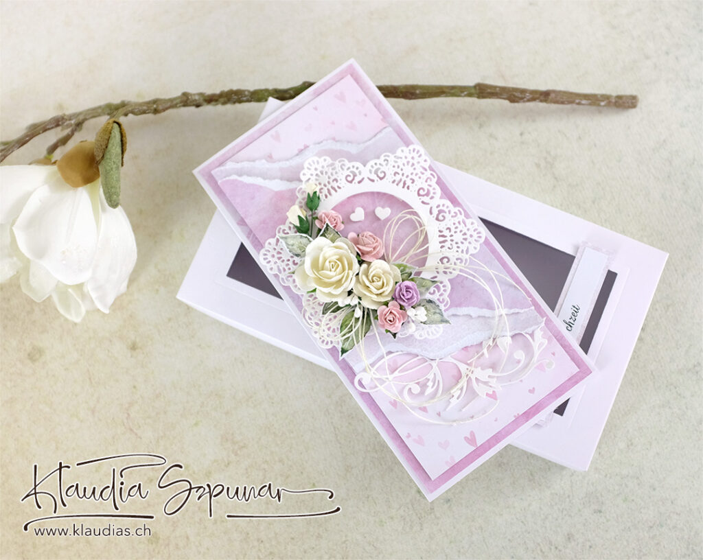 schöne Handgemachte pinke Hochzeitskarte mit Rosen
