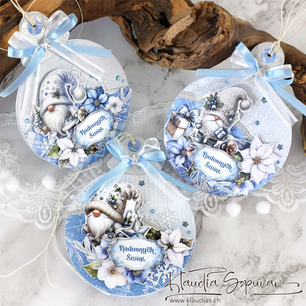 Schöne handgemachte handgemachte Weihnachtskarten mit süssen Weihnachtsgnomen, in Blau