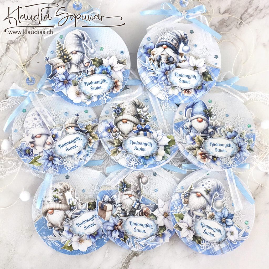 Schöne handgemachte Weihnachtskarten mit süssen Weihnachtsgnomen, in Blau