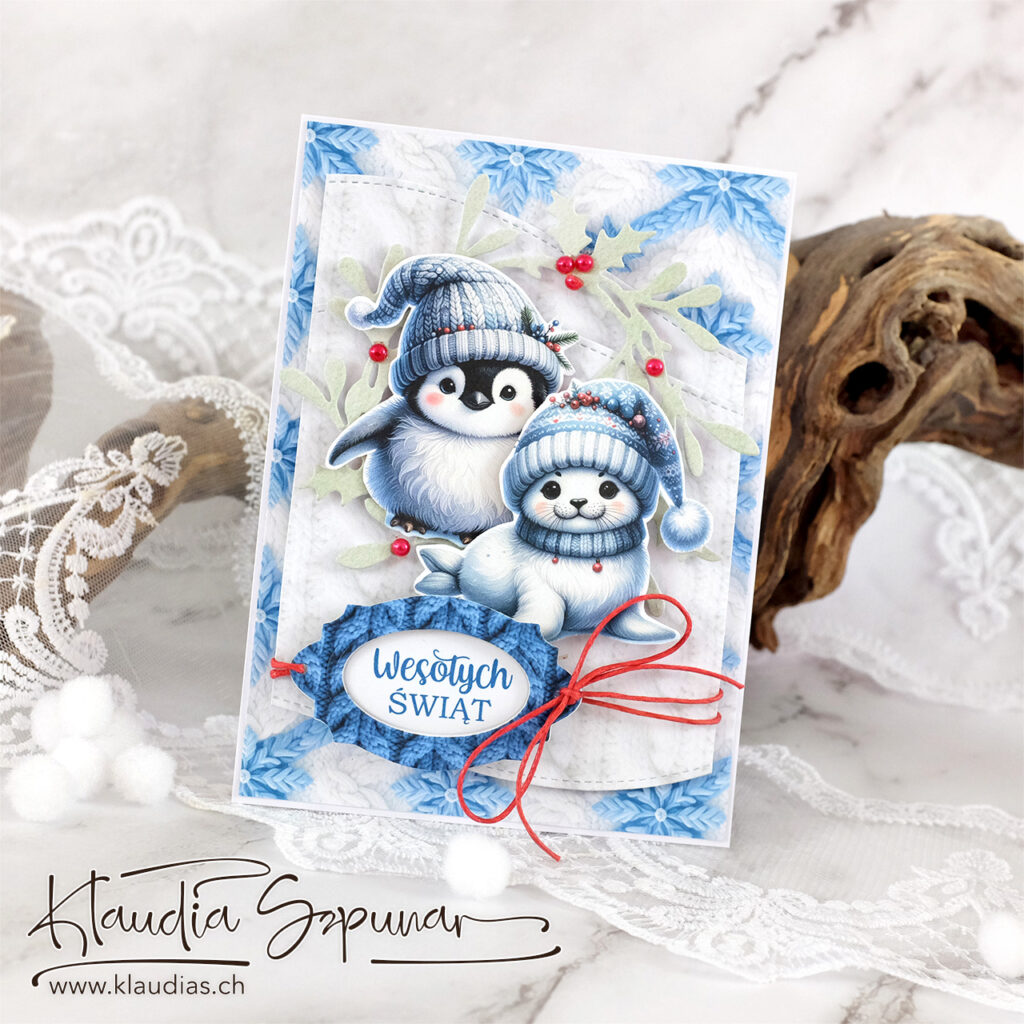 Schöne handgemachte Weihnachtskarte mit süssen Weihnachtstieren, in Blau